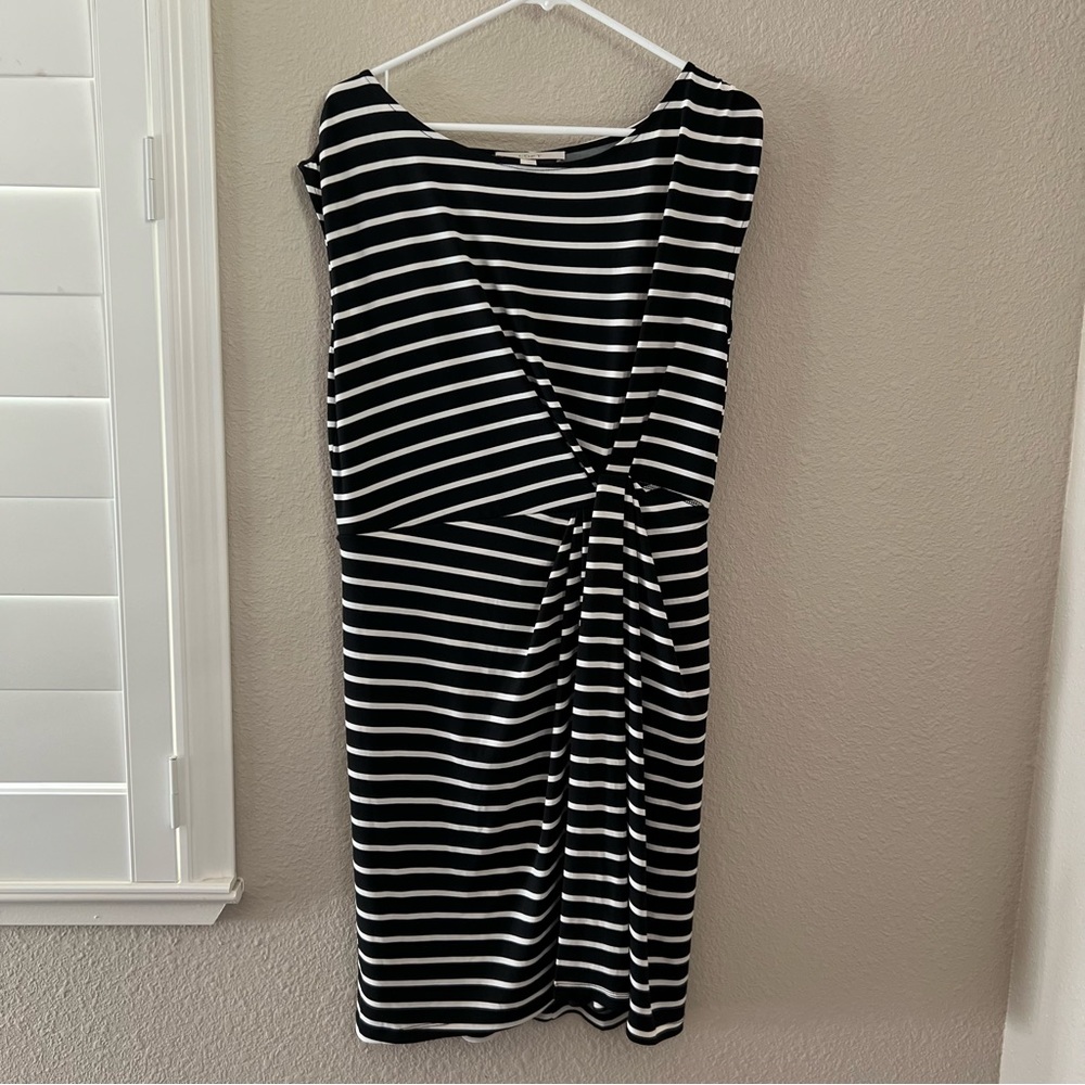 LOFT Black and White Striped Wrap Dress Short Sleeves Business Career | Size L